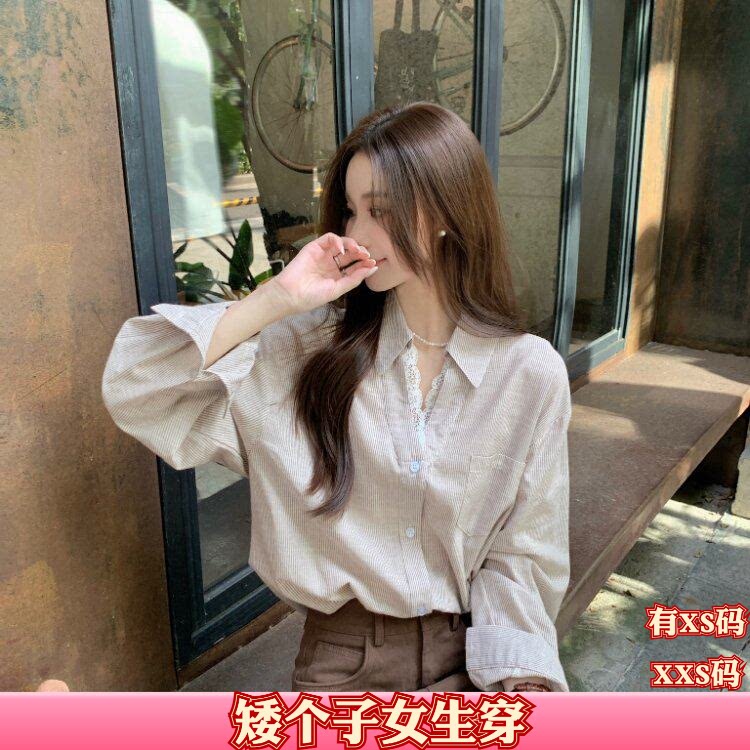 150cm显高加小码女装秋装矮个子XXS翻领蕾丝拼接条纹衬衫上衣长袖