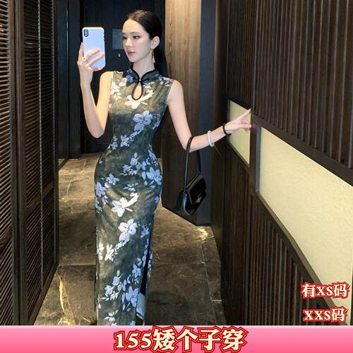 秋装加小码女装150cm新款XXS矮个子旗袍网纱印花收腰时尚裙连衣裙
