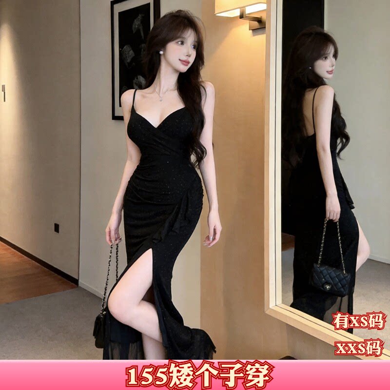 秋装加小码XXS女装矮个子150cm显高辣妹不规则网纱V领吊带连衣裙