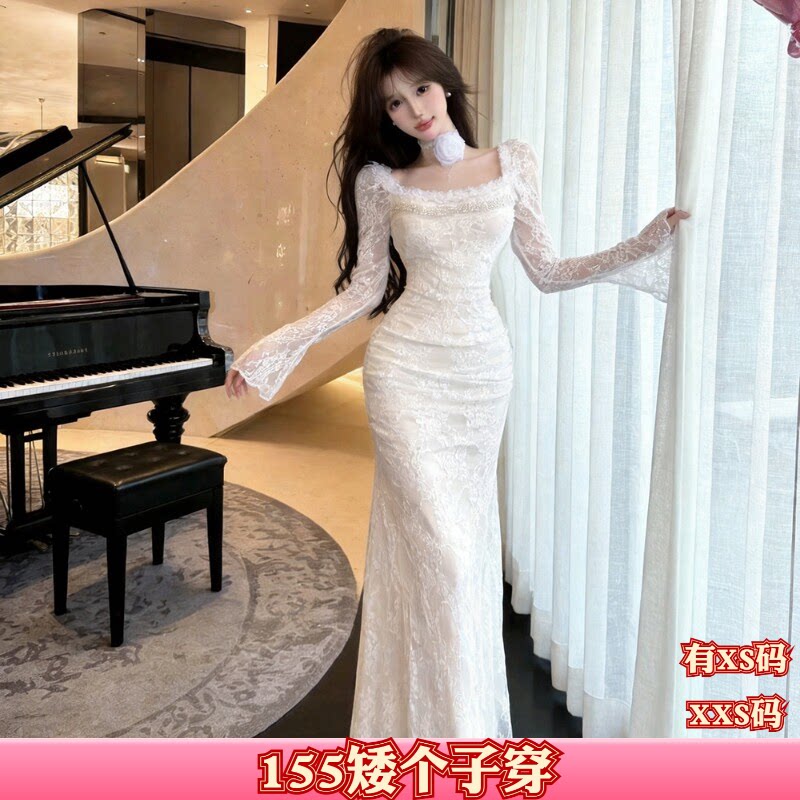 女装秋装加小码XXS小个子150cm显高方领钉珠蕾丝长袖收腰连衣裙女