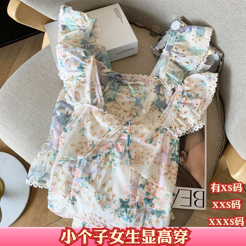夏装小个子155cm150显高XXXS女装镂空绣花无袖雪纺衫吊带小衫上衣
