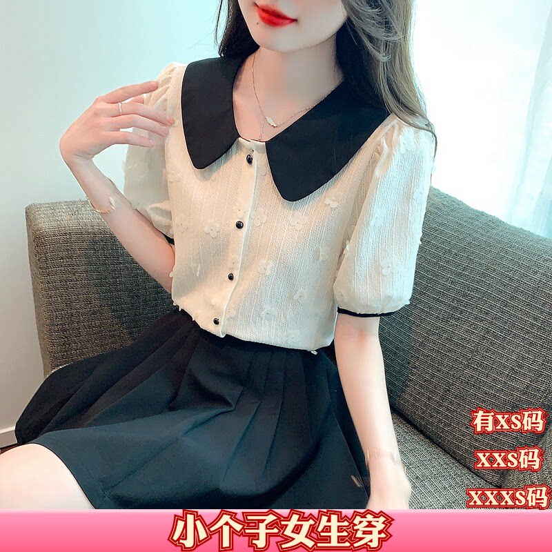 夏装加小码XXS女装矮个子150cm显高娃娃领泡泡袖雪纺衬衫别致女