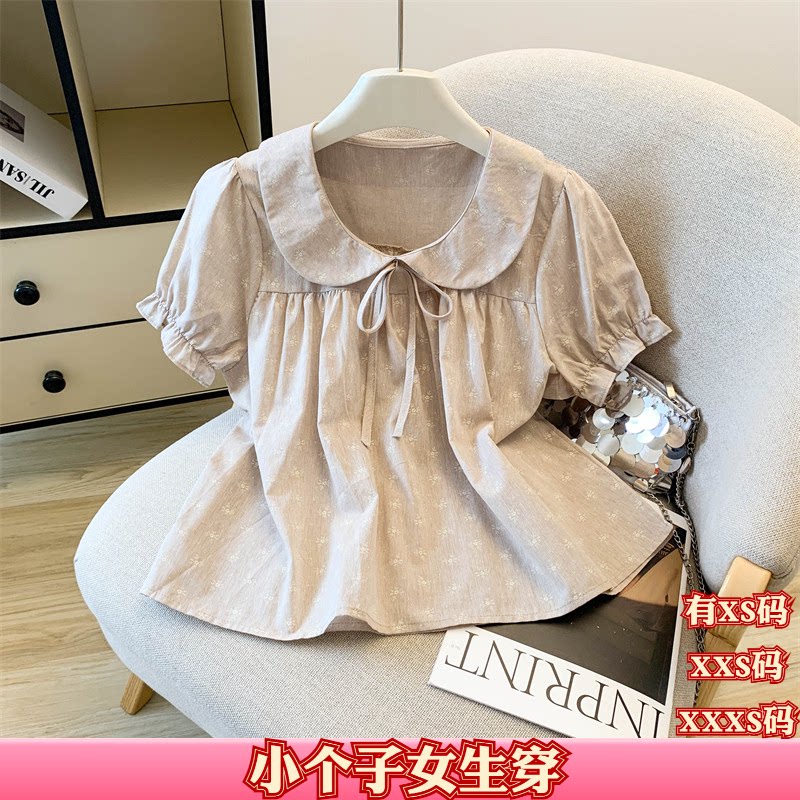 小个子新款女装夏季150cm新款155XXS碎花泡泡短袖衬衫娃娃领上衣