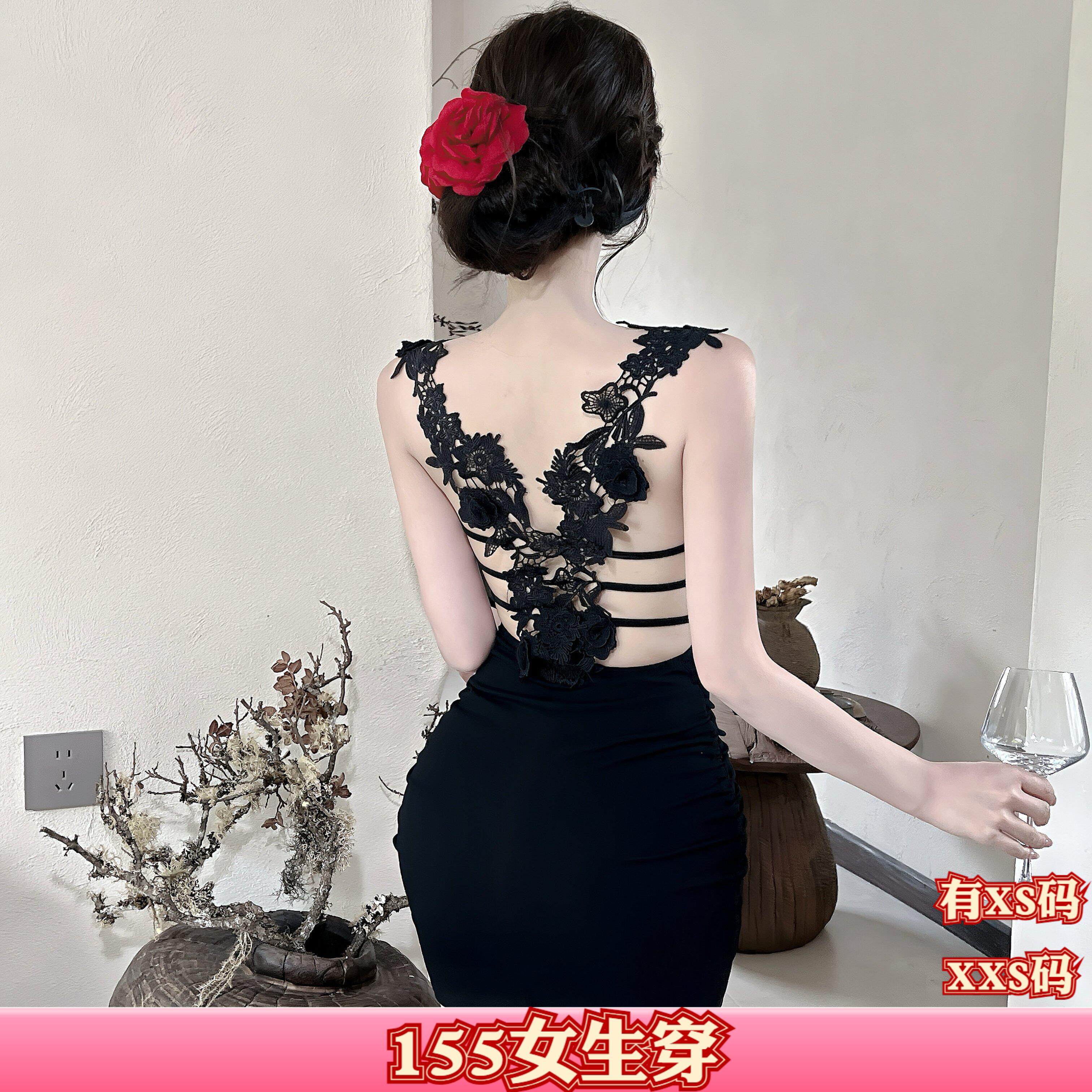 155小个子秋装150女装加小码XXS吊带连衣裙蕾丝钩花露背包臀裙女