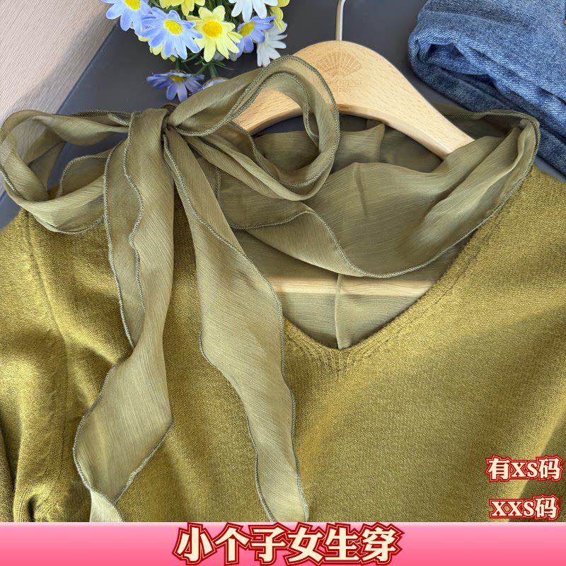 150cm显高矮个子秋装加小码XXS女装网纱飘带蝴蝶结系带V领针织衫