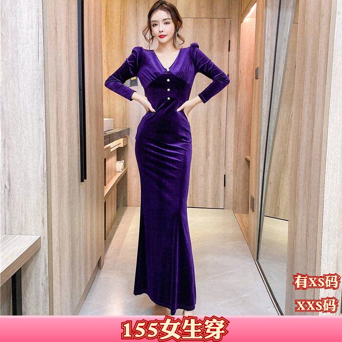 秋季XXS矮个子150-155cm女装加小码丝绒礼服长袖时尚裙包臀连衣裙