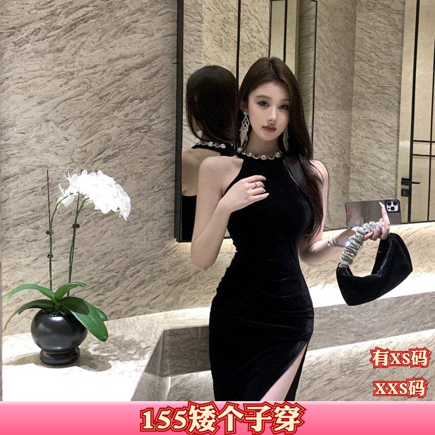 秋装女装矮个子150cm显高加小码XXS挂脖链条不规则下摆收腰连衣裙