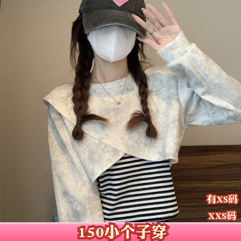 秋装加小码XXS女装150cm显高矮个子不规则交叉长袖卫衣两件套上衣