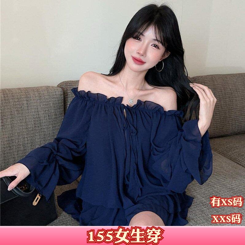 加小码女装秋装XXS号150cm矮个子显高抽绳雪纺衫女一字肩网纱上衣