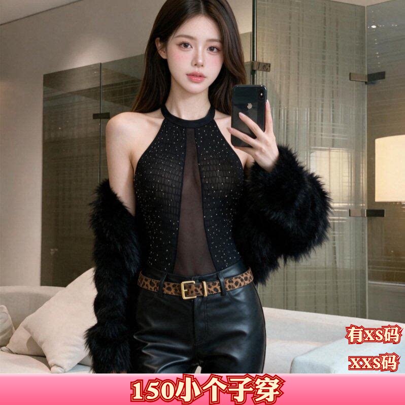 秋装小个子150cmXXS加小码女装显高挂脖吊带镂空网纱拼接打底衫女