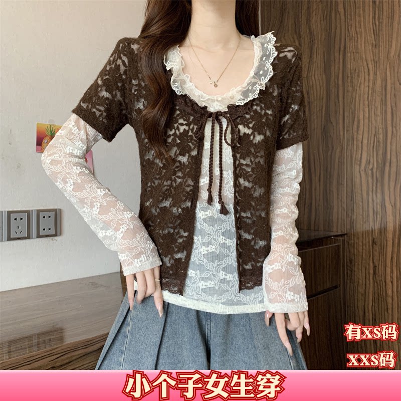 小个子加小码XXS女装秋装150cm显高长袖蕾丝打底衫系带小衫两件套