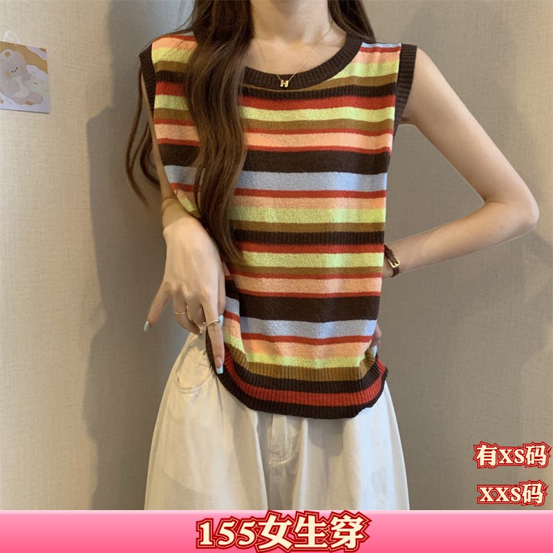 加小码女装夏装XXS矮个子150cm显高无袖条纹圆领套头背心马甲女