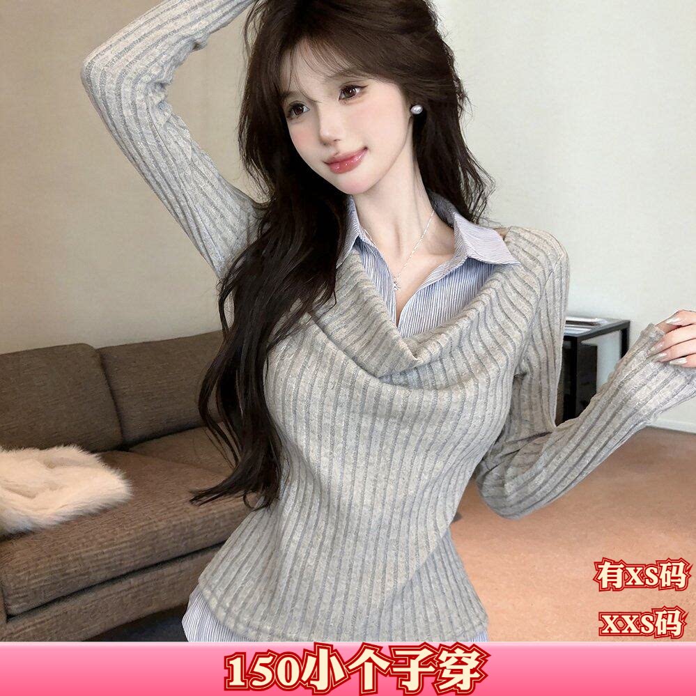 秋装150cm显高加小码XXS女装矮个子翻领假两件长袖衬衫T恤打底衫