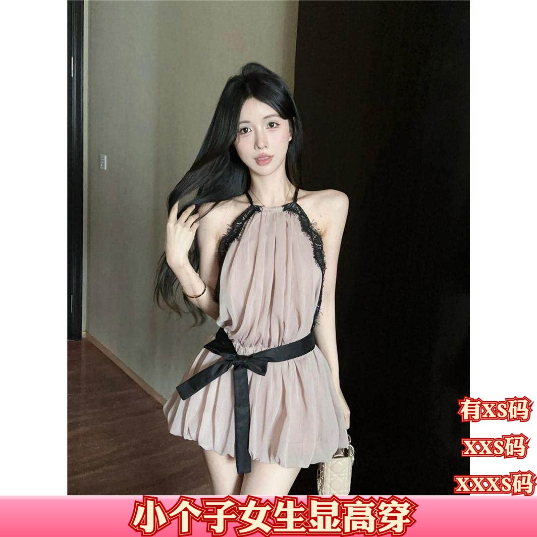 加小码女装夏装小个子150cm显高XXXS时尚新款蕾丝拼接挂脖连衣裙