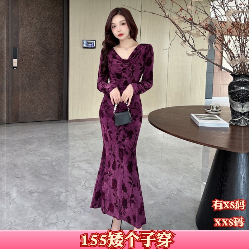 秋装女装加小码XXS号150cm小个子显高V领长袖提花收腰包臀连衣裙