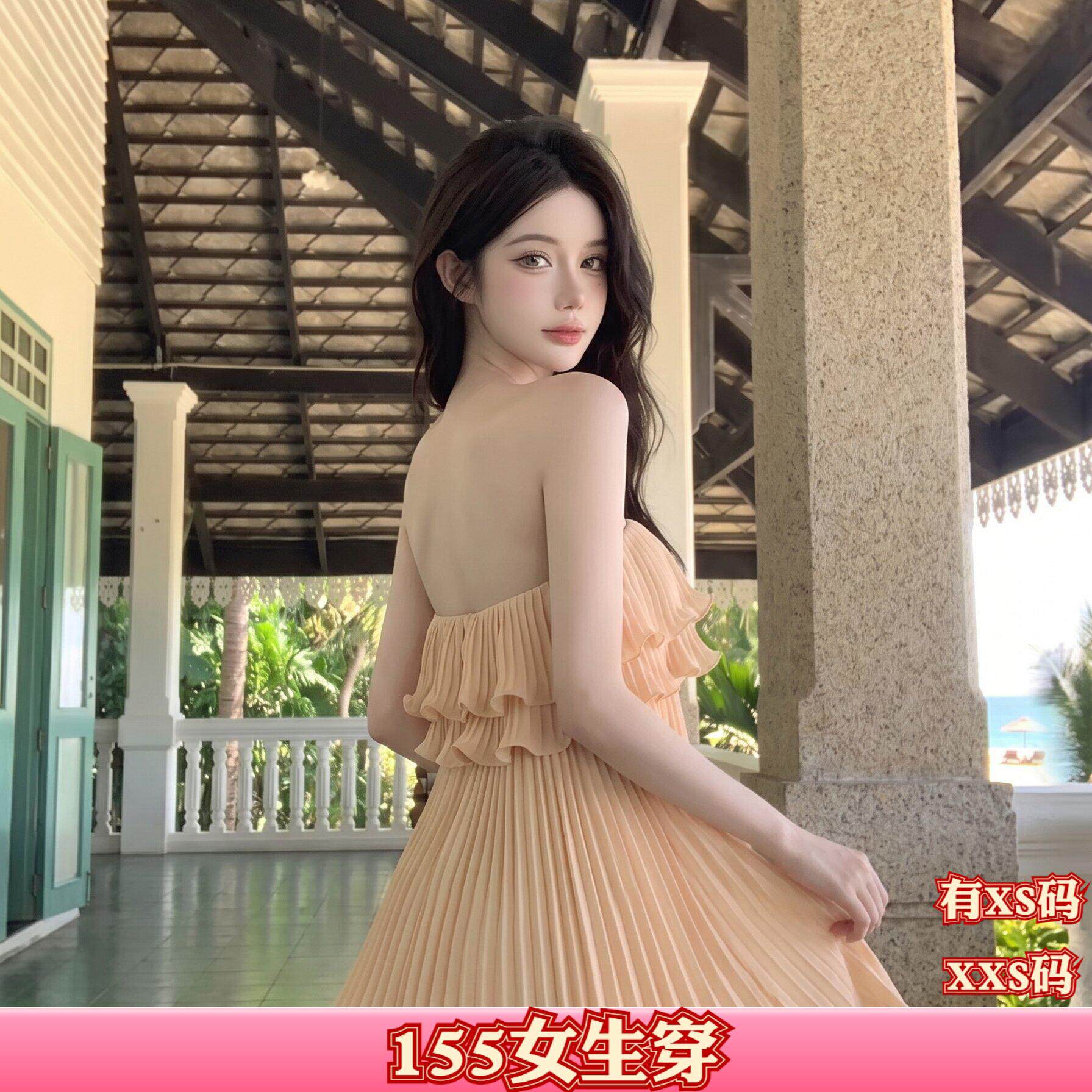 155小个子秋装150女装加小码XXS纯欲一字领百褶荷叶边A字连衣裙女