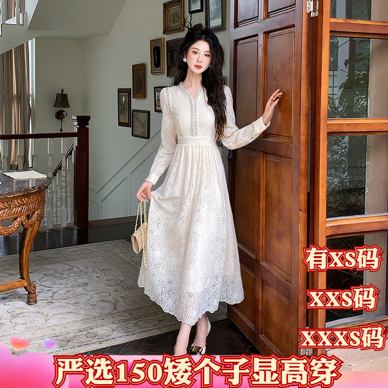 冬季小个子XXXS搭配150cm女装V领长袖重工镶钻收腰蕾丝时尚连衣裙
