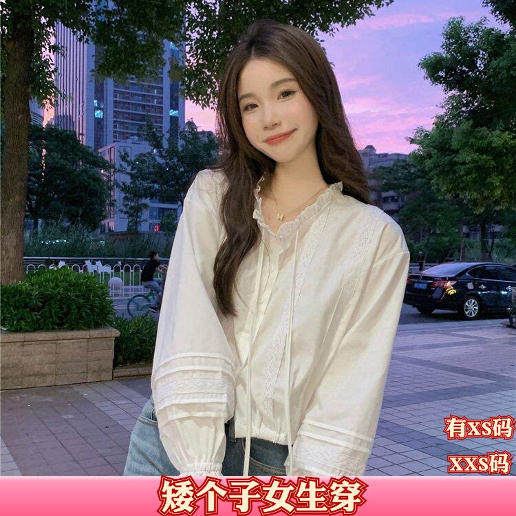 秋装加小码XXS女装小个子150cm显高蕾丝花边长袖衬衫女打底衫上衣