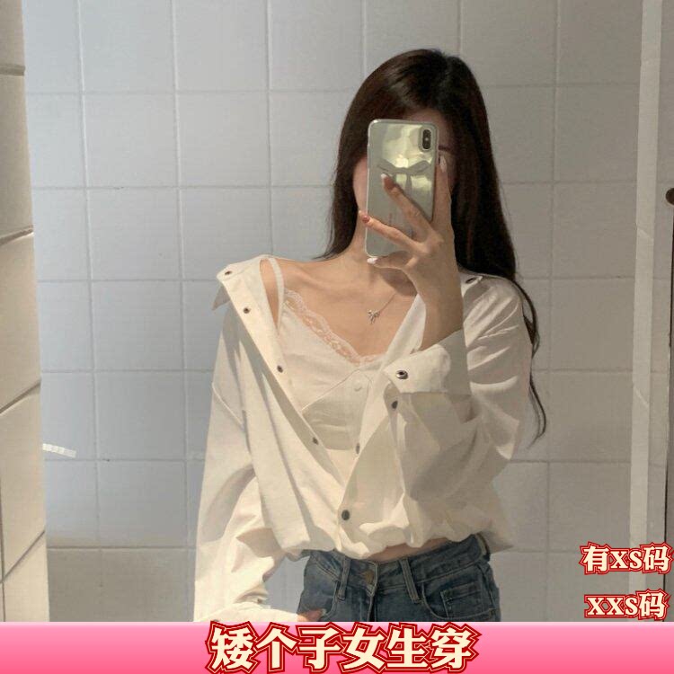 秋装矮个子加小码XXS女装150cm显高吊带蕾丝边背心假两件衬衣衬衫