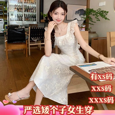 150cm春季XXXS小个子女装155显高荷叶边蕾丝刺绣方领小飞袖连衣裙