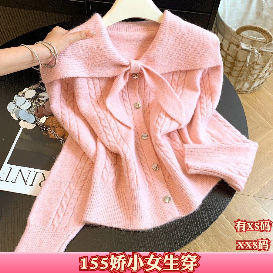 秋季150cm矮个子显高XXS女装155蝴蝶结系带领针织衫打底衫长袖女