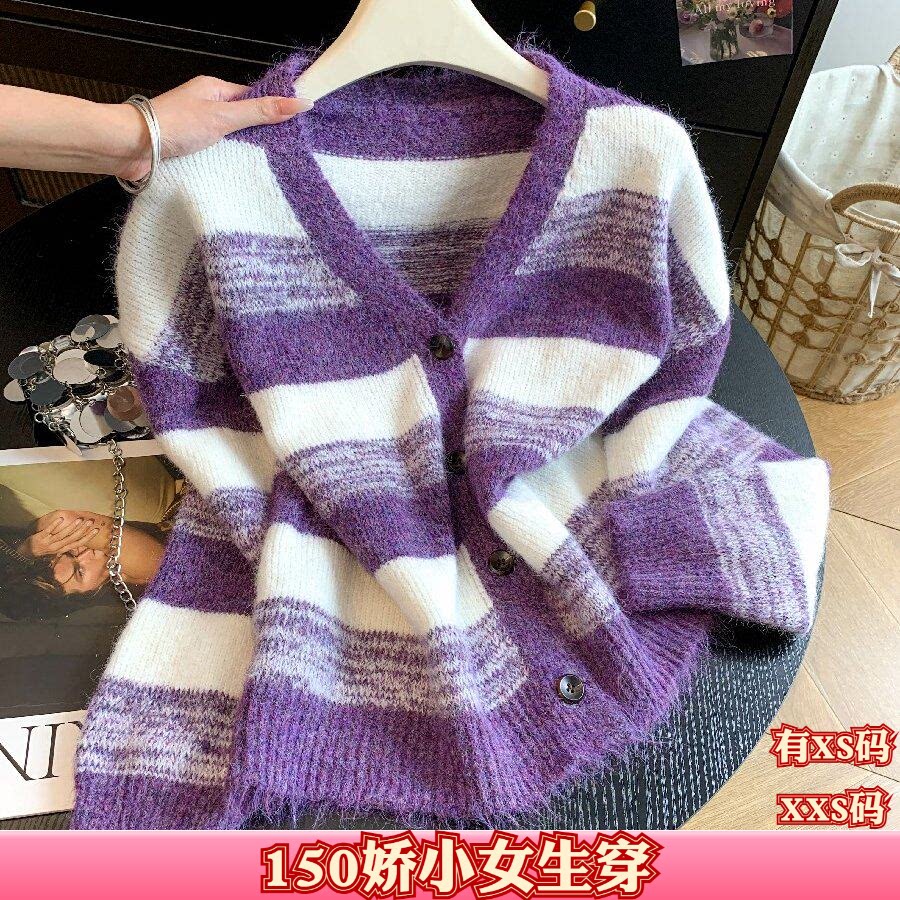 秋装150cm显高女装矮个子XXS加小码V领单排扣条纹长袖毛针织开衫