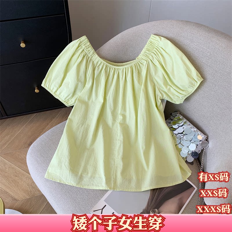 夏装矮个子女装150cm显高155XXXS加小码一字领衬衫上衣纯色泡泡袖