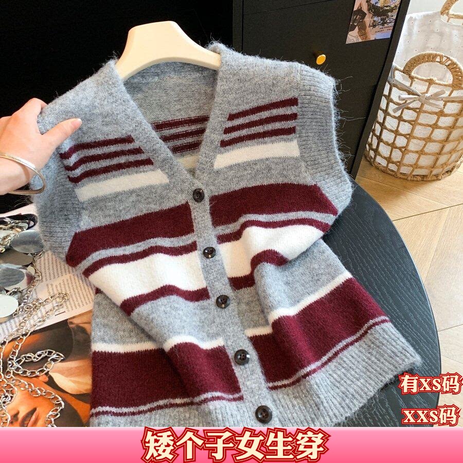小矮个子女装150cm秋装显高加小码XXS条纹V领针织马甲开衫背心女