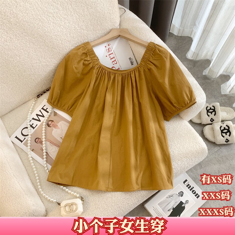 夏装150小矮个子女装155cm显高XXXS加小码一字领娃娃衫女方领短袖