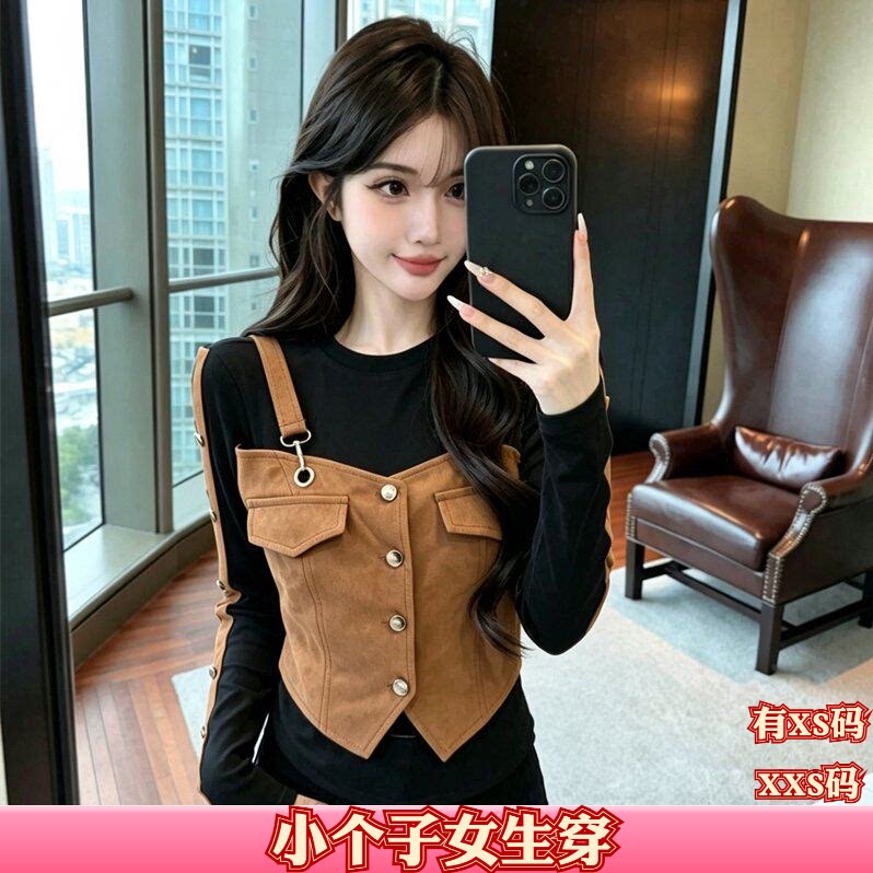 女装秋装150cm显高矮个子加小码XXS拼接假两件不规则辣妹套头T恤