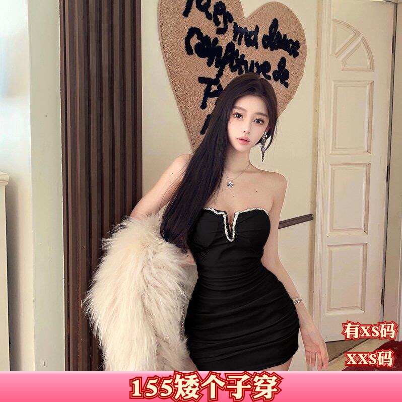 加小码XXS女装矮个子显高秋装时尚抹胸收腰褶皱内搭包臀连衣裙女