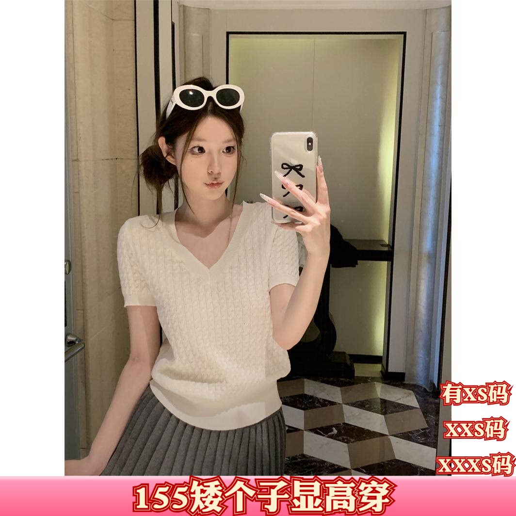 加小码XXS夏季矮个子女装150cm显高条纹V领套头短袖上衣麻花毛衣