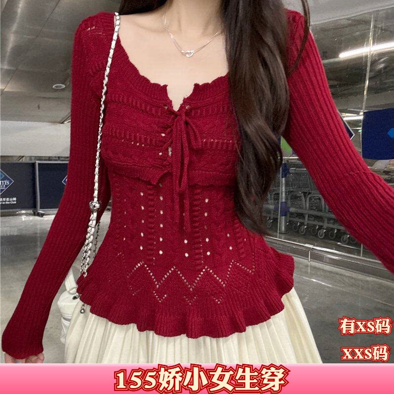 女装秋装小个子加小码XXS150cm显高针织拼接系带方领套头毛衣上衣