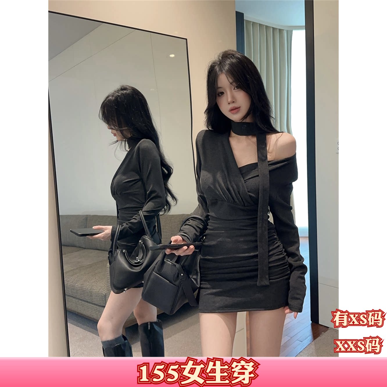 女装秋装加小码150cm显高XXS小个子纯欲V领带肩垫配飘带连衣裙女