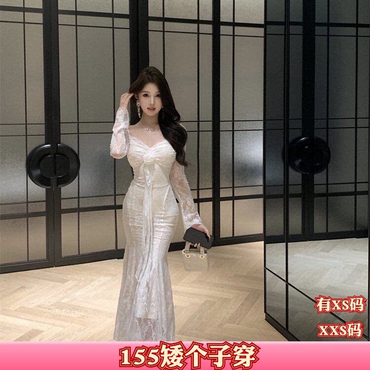 150cm女装新款加小码XXS矮个子秋装方领蕾丝长袖时尚百搭裙连衣裙