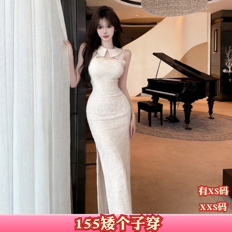 150cm女装显高加小码XXS矮个子秋装蕾丝式旗袍包臀蕾丝开叉连衣裙