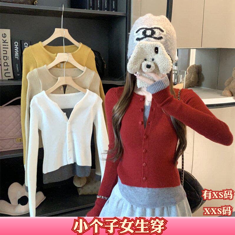 加小码XXS女装小矮个子显高秋装针织假两件女打底衫上衣长袖百搭