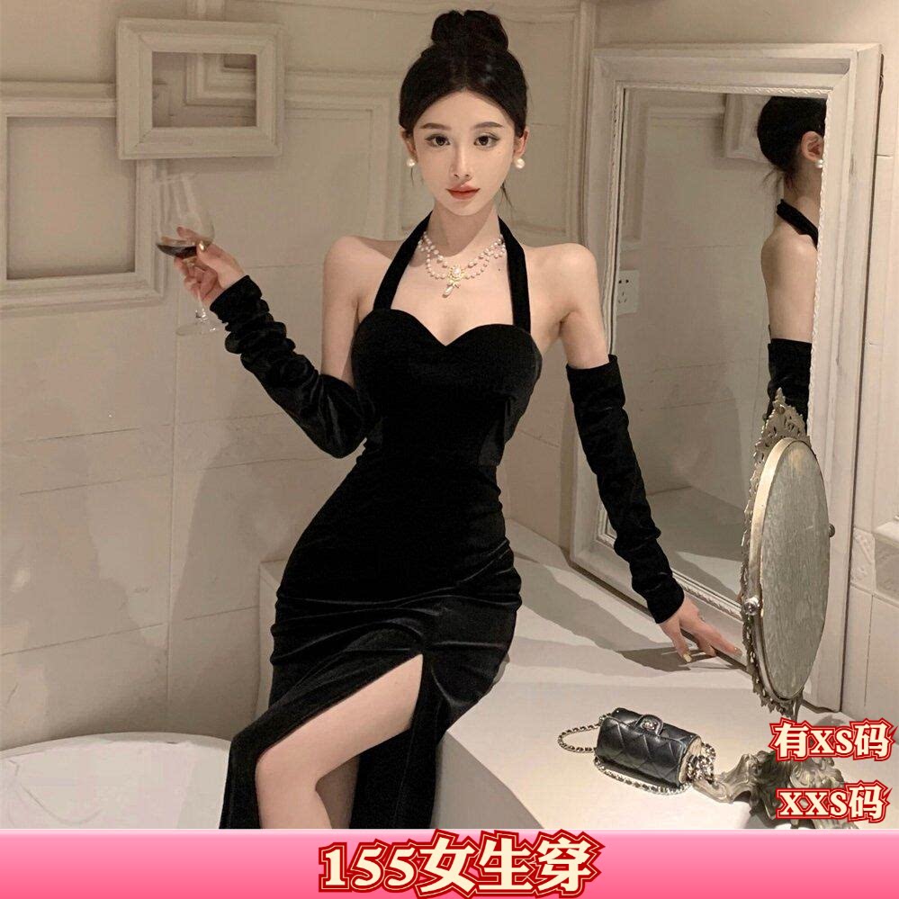 女装秋装加小码XXS号150cm矮个子显高开叉露背挂脖时尚百搭连衣裙