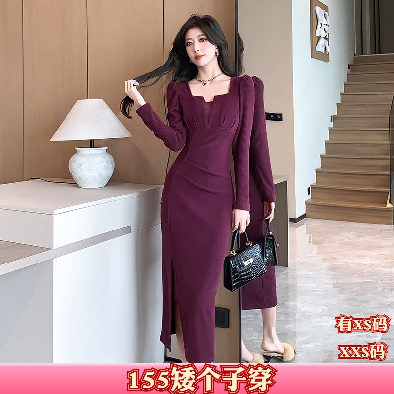 加小码女装秋装150cm小个子显高XXS方领长袖开叉连衣裙褶皱收腰裙
