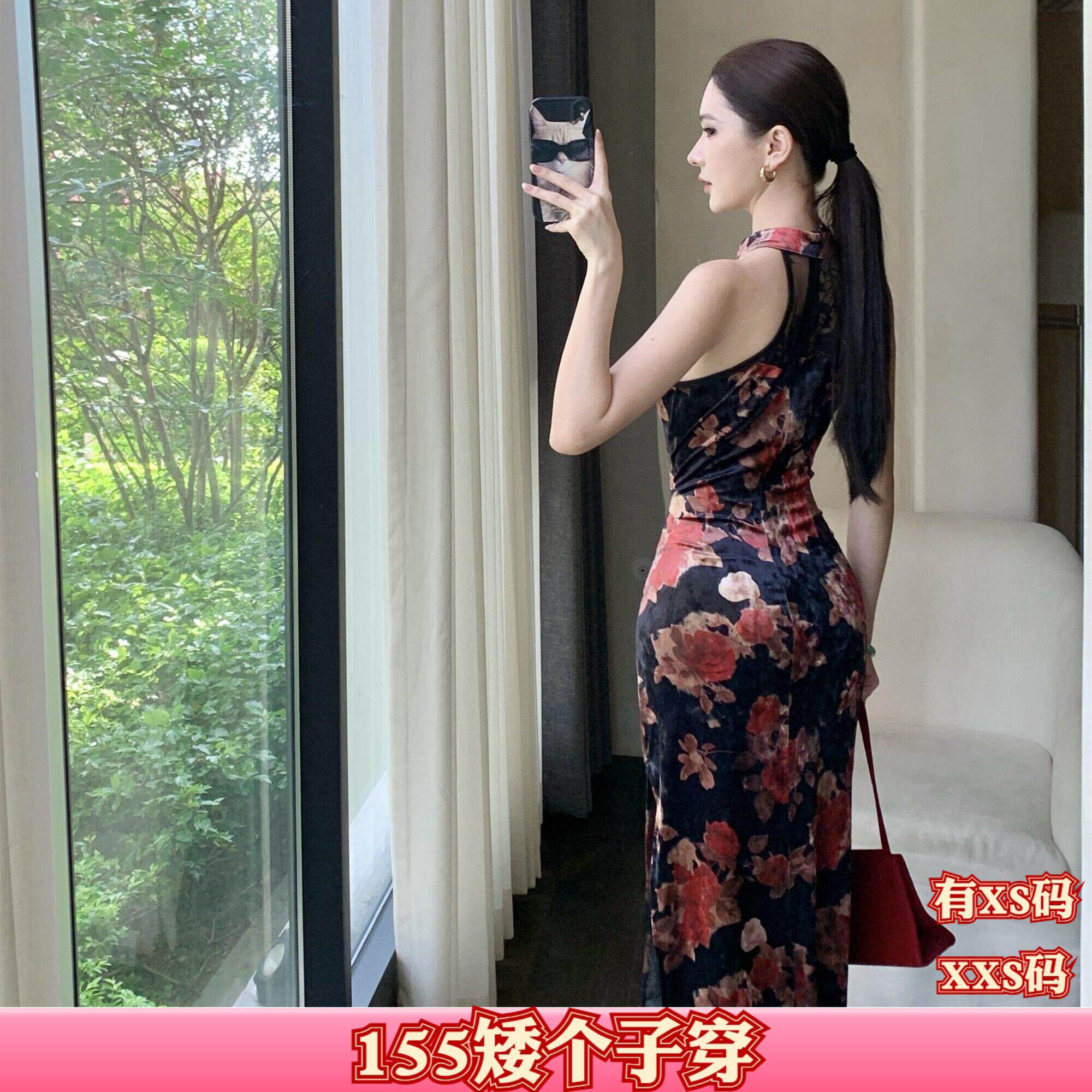 加小码XXS矮个子女装秋装150cm显高丝绒印花拼蕾丝收腰连衣裙旗袍