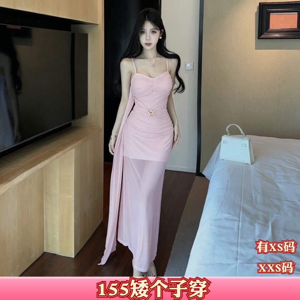 秋装小个子女装加小码XXS150cm显高飘带抹胸吊带连衣裙收腰包臀裙