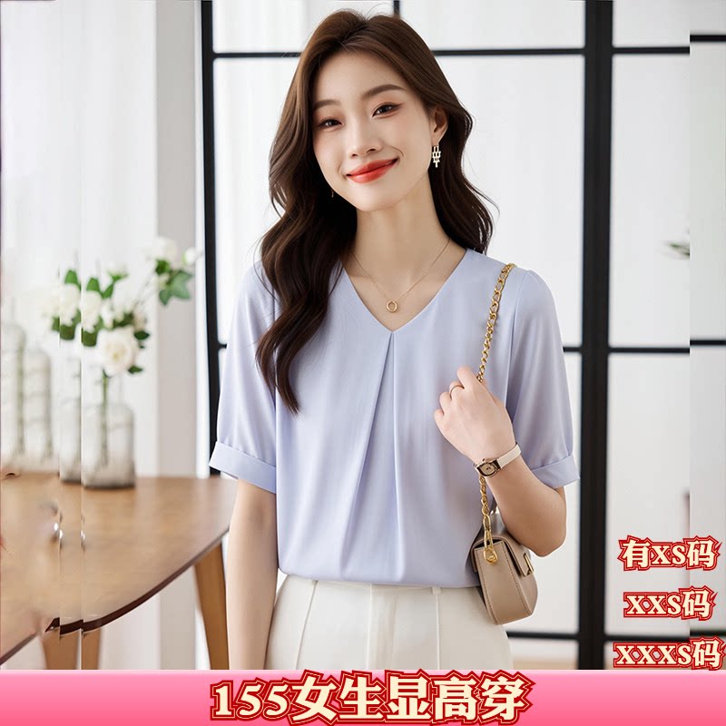 女装夏季150cm显高加小码XXXS小个子短袖雪纺衫立领打底衫上衣女