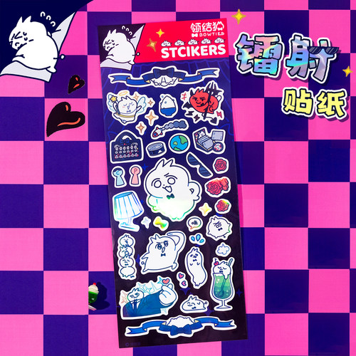 领结猫原创镭射贴纸异形闪闪发光手机壳贴纸卡通动漫diy手账贴