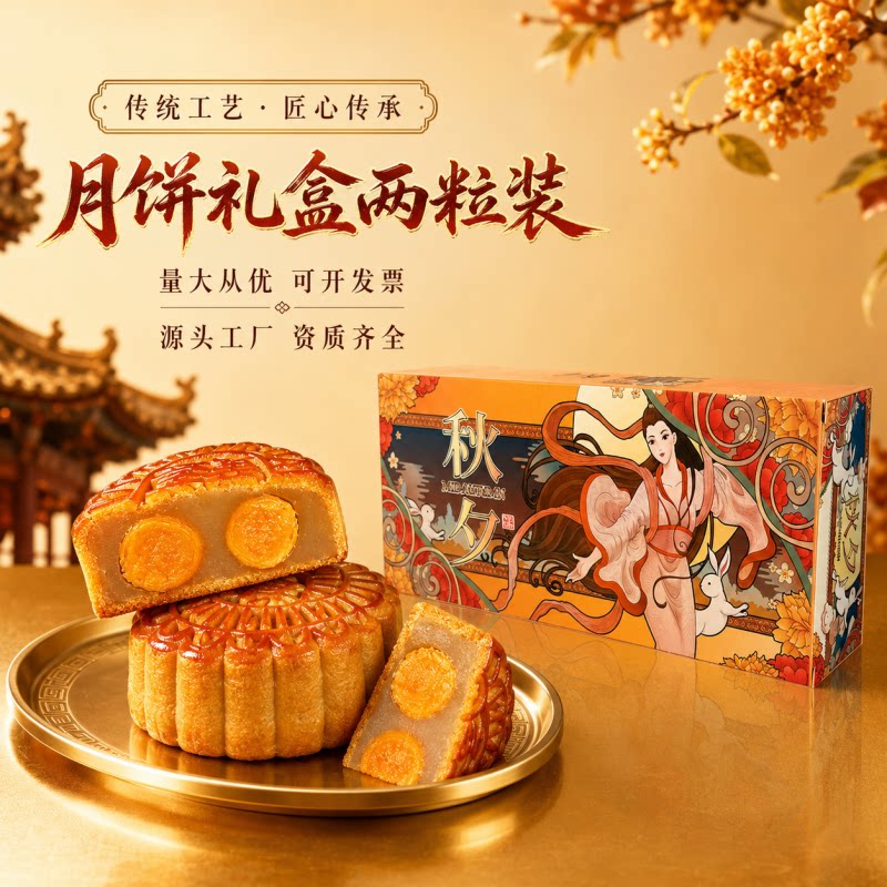2026中秋节送人礼盒装双蛋黄莲蓉月饼五仁豆沙两个装2粒团购员工
