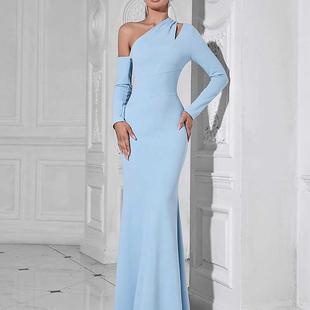 法式削肩长袖露肩修身显瘦包臀派对晚礼服连衣裙气质宴会长裙子