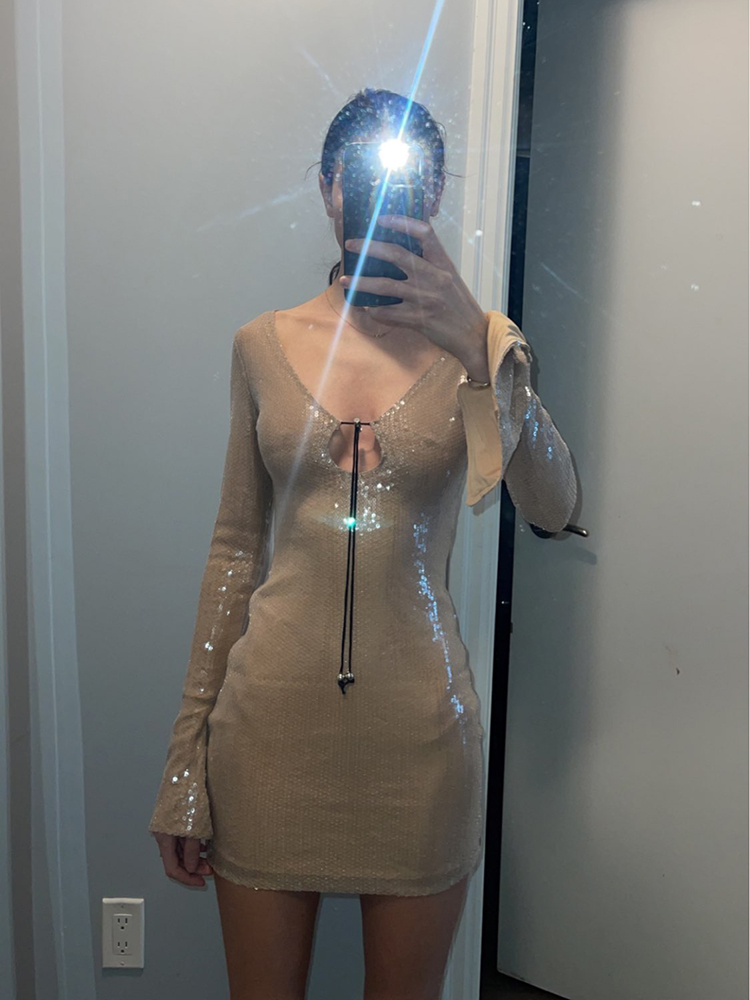 高级感欧美吊钟镂空V领喇叭袖修身短裙法式珠片派对party礼服裙