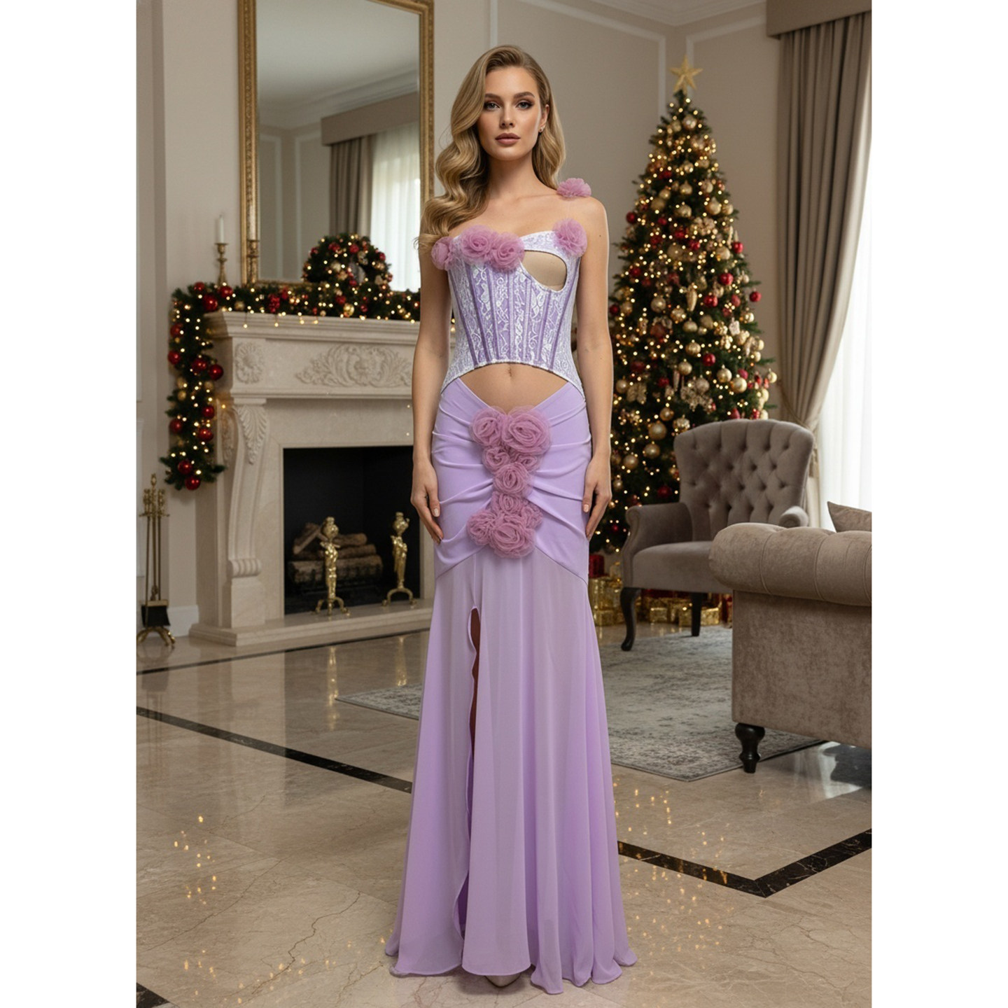 欧美性感抹胸镂空立体花朵紫色鱼尾礼服长裙女小众优雅收腰走秀服