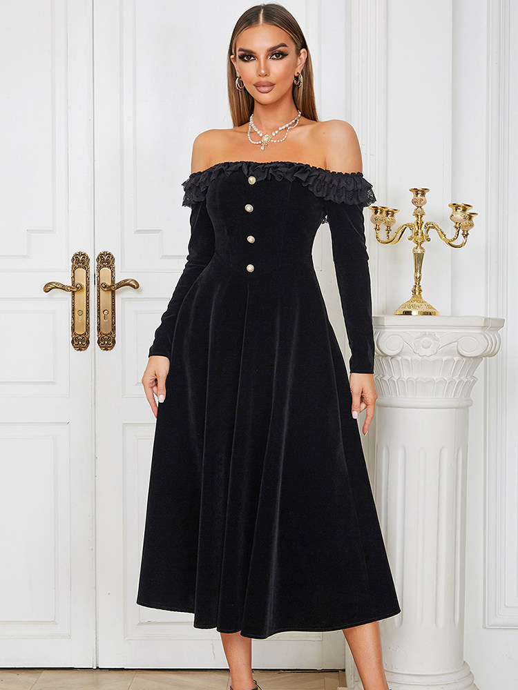 黑色丝绒长袖连衣裙高级感礼服裙子法式复古风一字肩气质黑色长裙