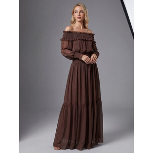 法式 高腰长裙女深棕色木耳边褶皱收腰礼服连衣裙 气质一字肩长袖