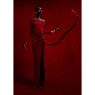 欧美性感一字肩红色高开叉长袖连衣裙女高级感宴会生日派对晚礼服